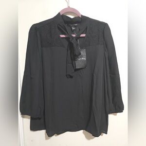 Sophisticated Black Lace Blouse with Tie-Neck